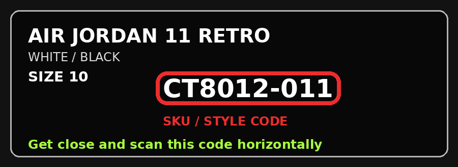 Example sneaker box label with the SKU style code CT8012-011 circled in red